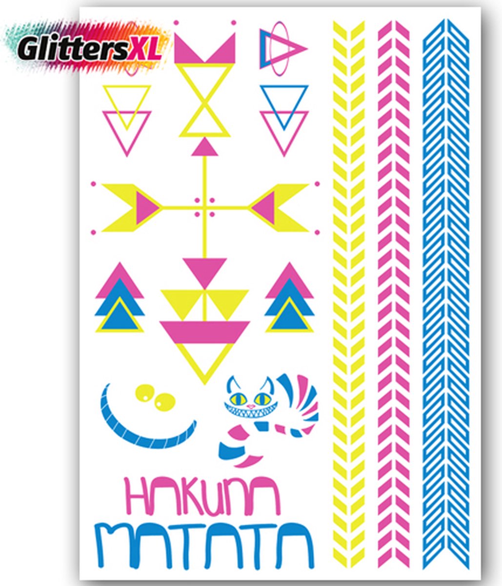 GlittersXL - Temporary Tattoo Neon/Glow In The Dark (A5 formaat) [Neptattoo - Tijdelijke tatoeage - Nep Fake Tattoos - Water overdraagbare festival sticker henna outfit tattoo - Glitter tattoo - Volwassenen Kinderen Jongen Meisje]